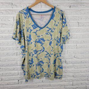 Woman Within Women Top 3X Plus Tee Short Sleeve Blue Green Nautilus Cotton C17E